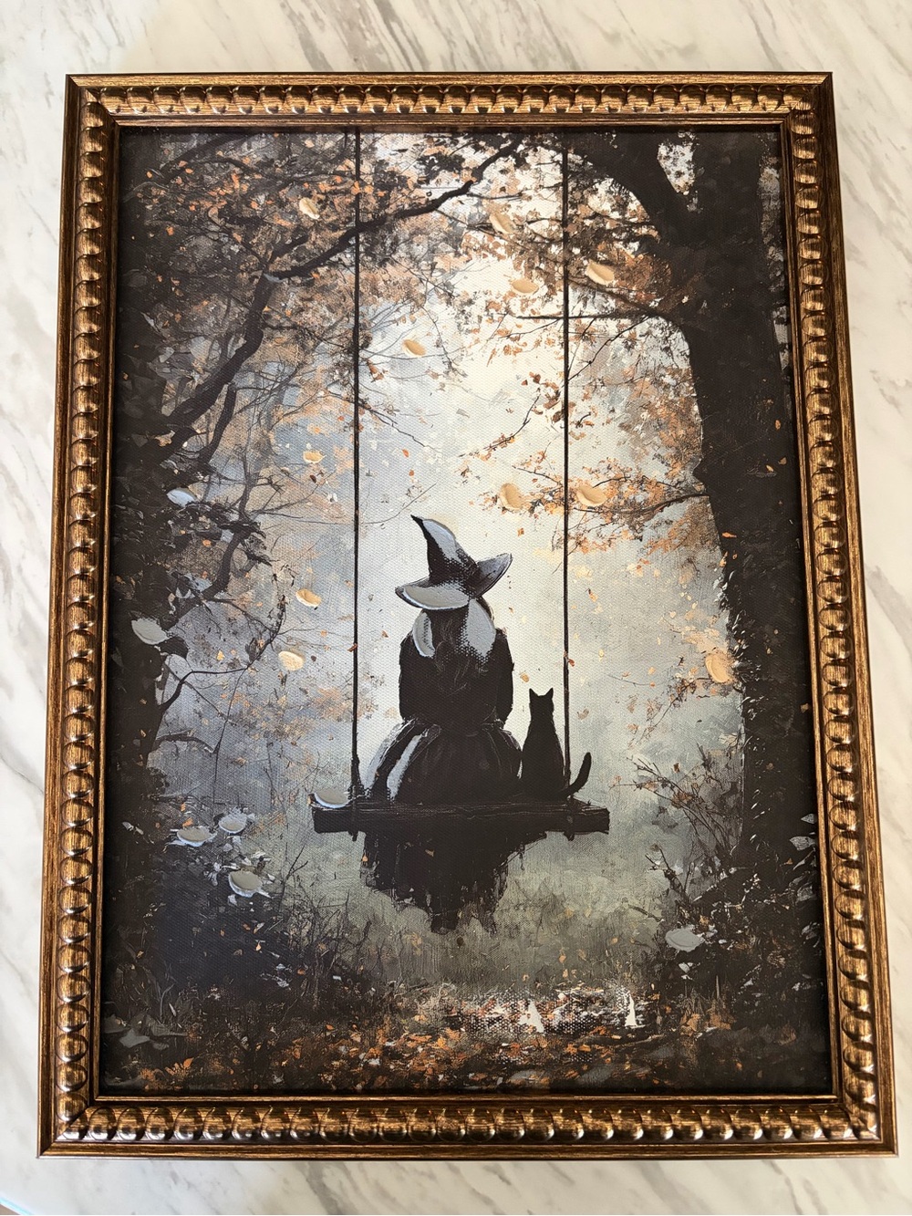 Framed Witch and Cat Swing Wall Art - Black and Gold